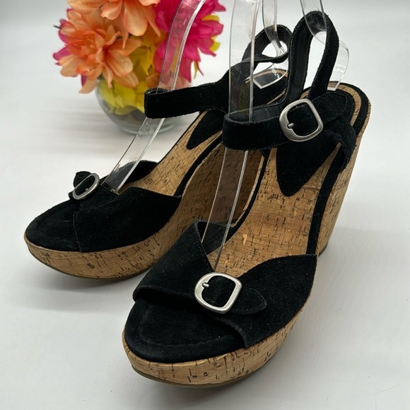 bp. Black Suede Cork Wedge Sandal Size 8.5 BSN6826F - Picture 1 of 7